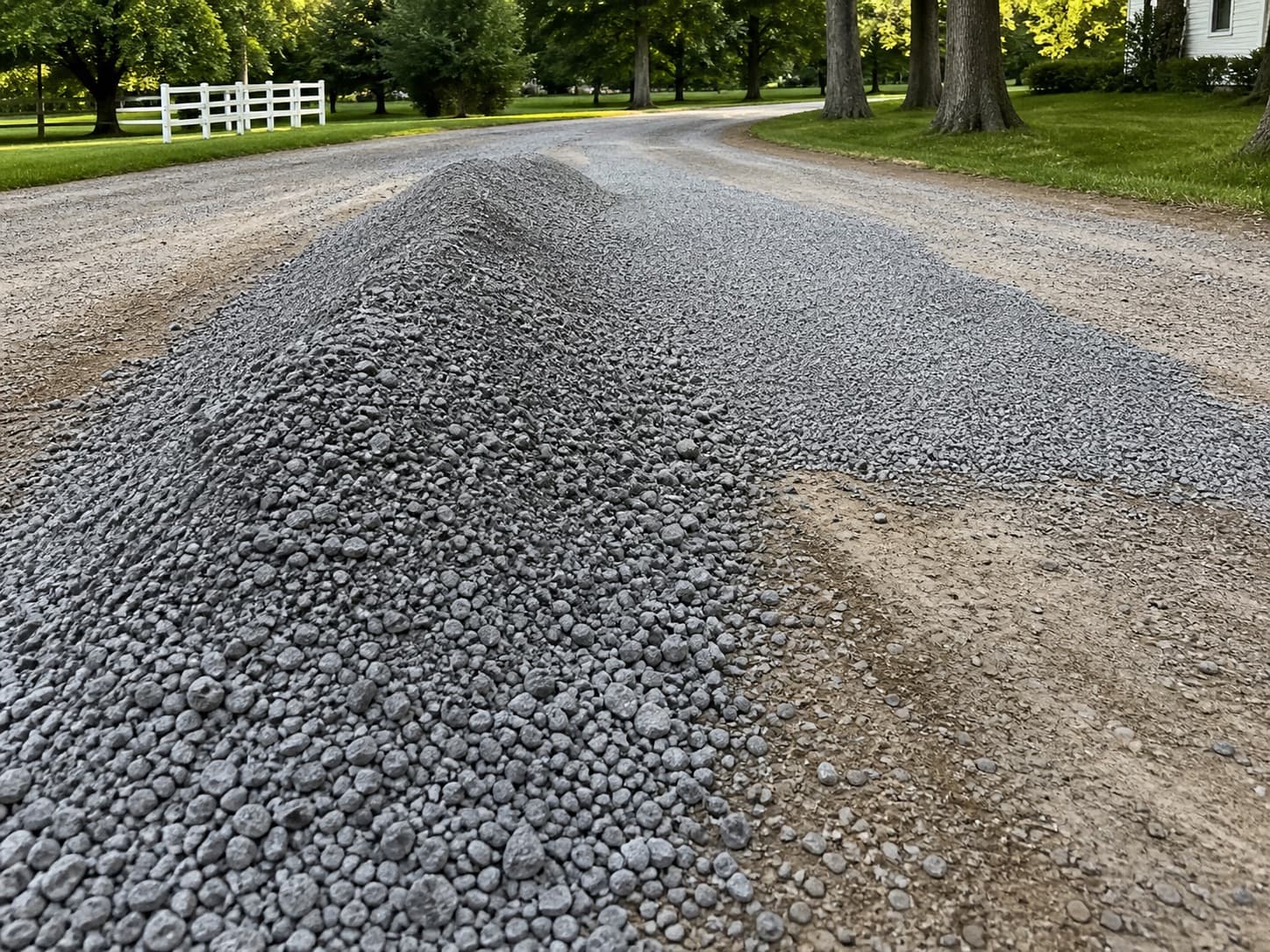 Fresh gravel spread across a driveway surface